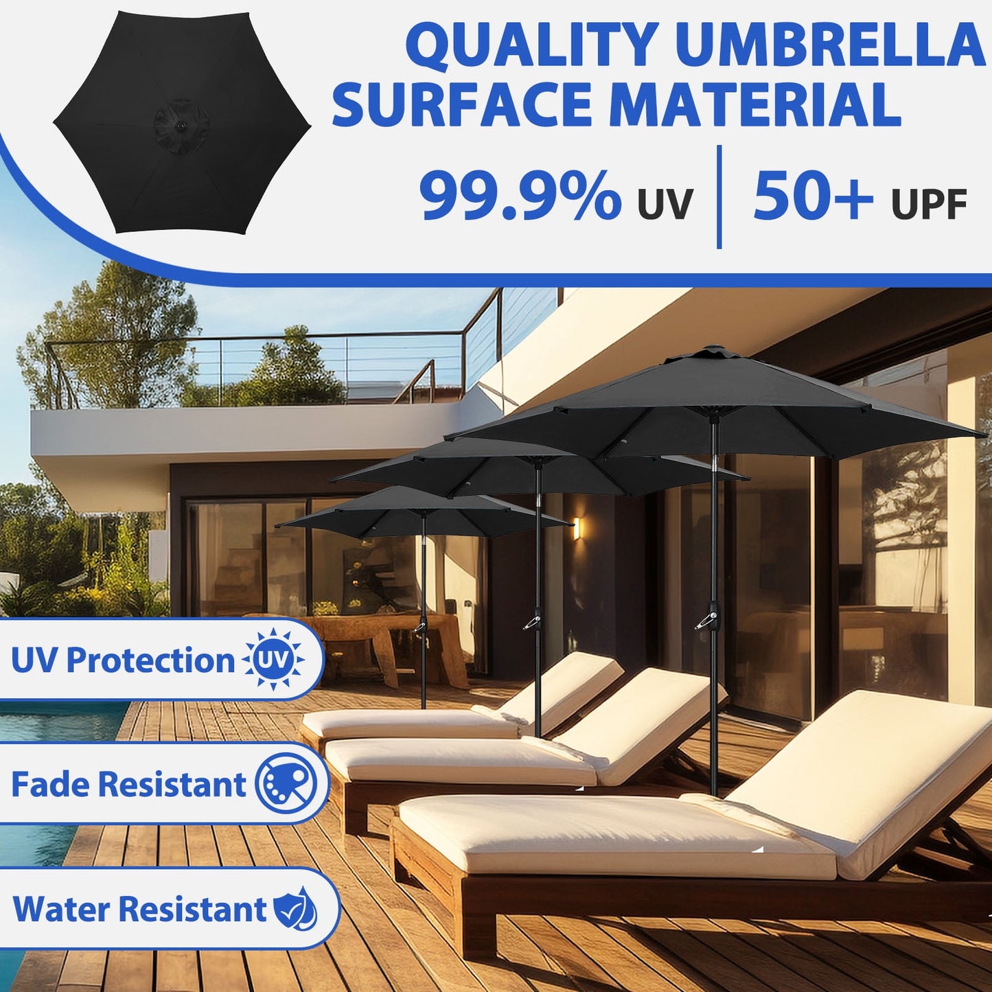 Autlaycil 9ft Patio Umbrella with Tilt and Crank, Adjustable Outdoor Market Umbrellas, 6 Sturdy Ribs UV Protection Water Resistance for Garden, Deck, Backyard, Pool (Black)