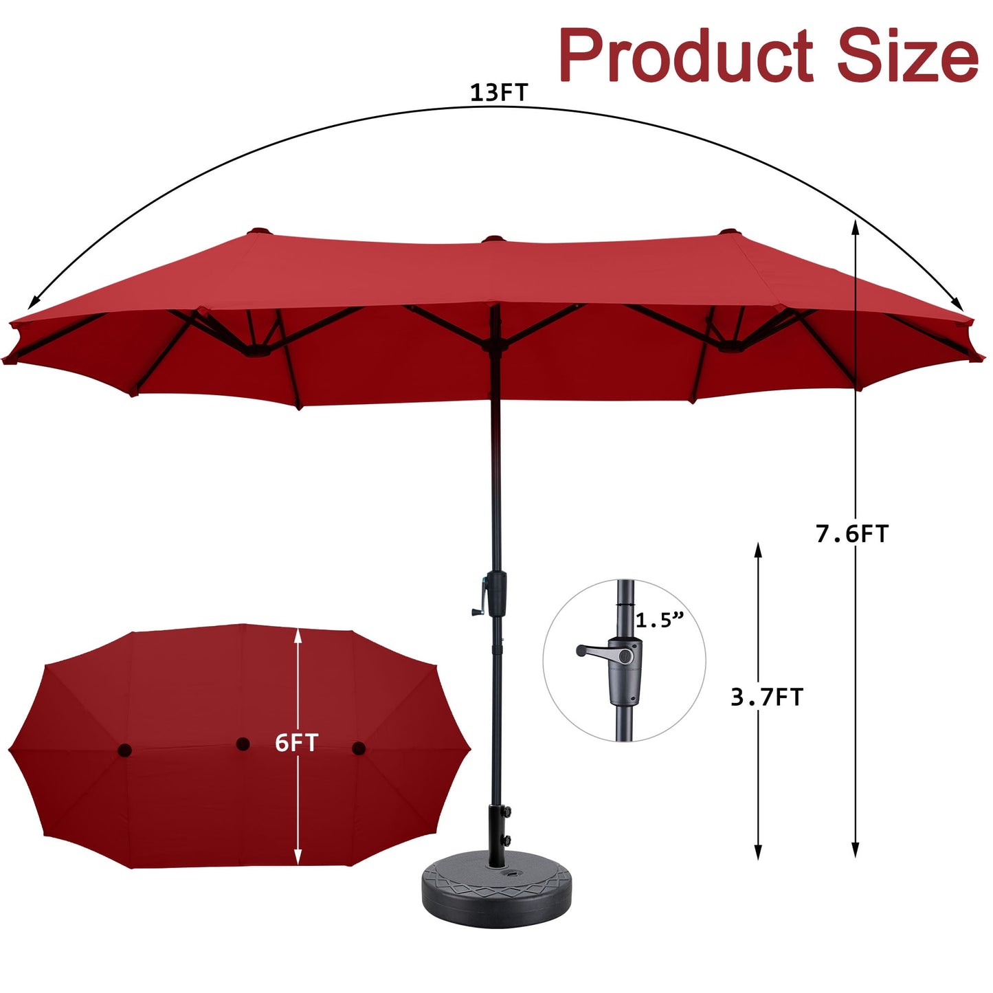Autlaycil 13 ft Rectangle Patio Umbrella with Crank, Outdoor Market Umbrella with Umbrella Base (Red)