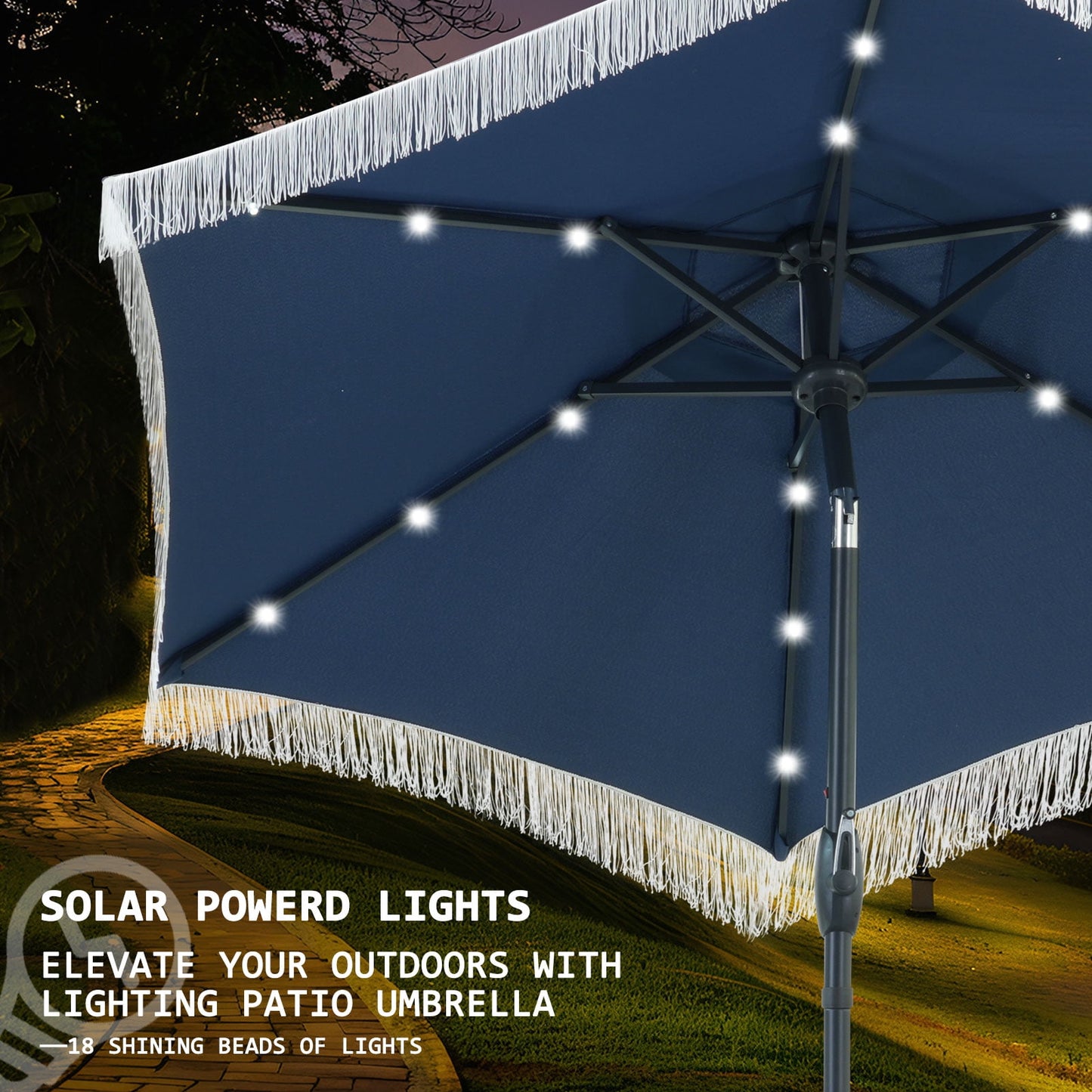 Autlaycil 7.5 ft Navy Blue Tassel Patio Umbrella with Base, 18 LED Lights Solar, and Push Button Tilt and Crank