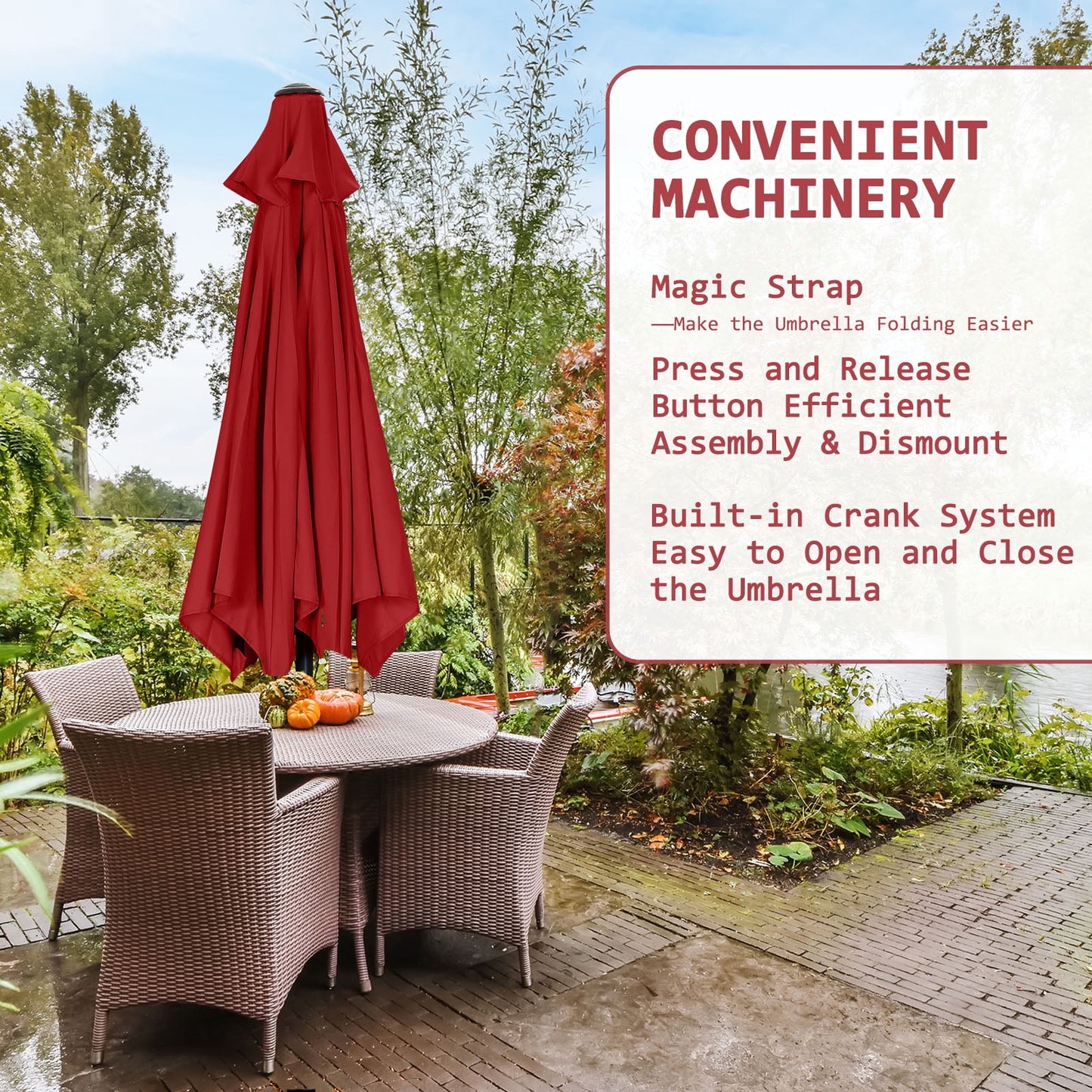 Autlaycil 7.5 ft Red Patio Umbrella and Decorated Base, with Push Button Tilt and Crank for Beach, Pool, Outdoor