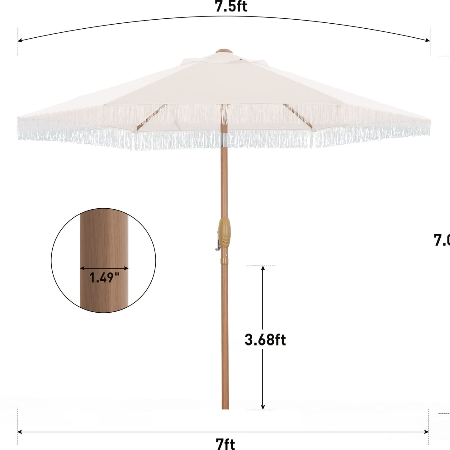 Autlaycil 7.5 ft White Fringe Patio Umbrella and Base, with Push Button Tilt and Crank for Beach, Pool, Outdoor
