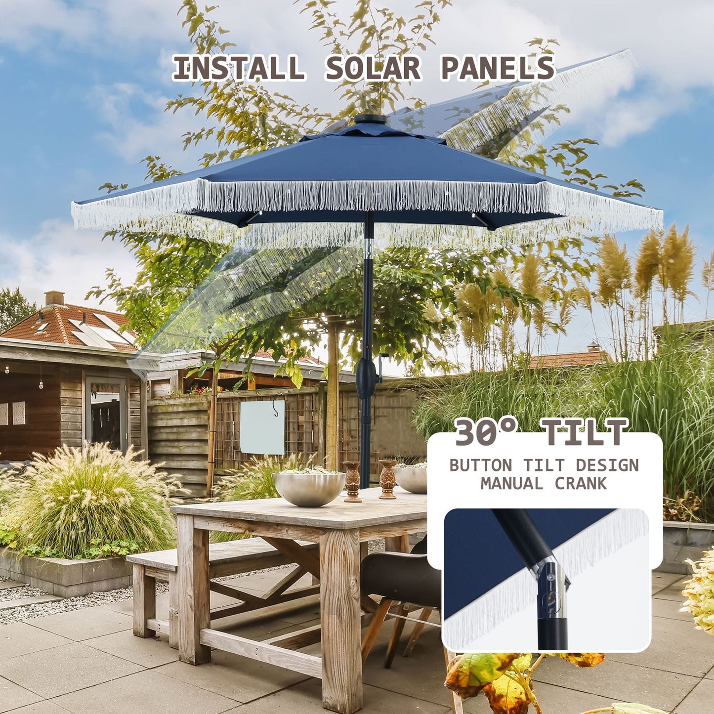 Autlaycil 7.5 ft Navy Blue Tassel Patio Umbrella with Base, 18 LED Lights Solar, and Push Button Tilt and Crank