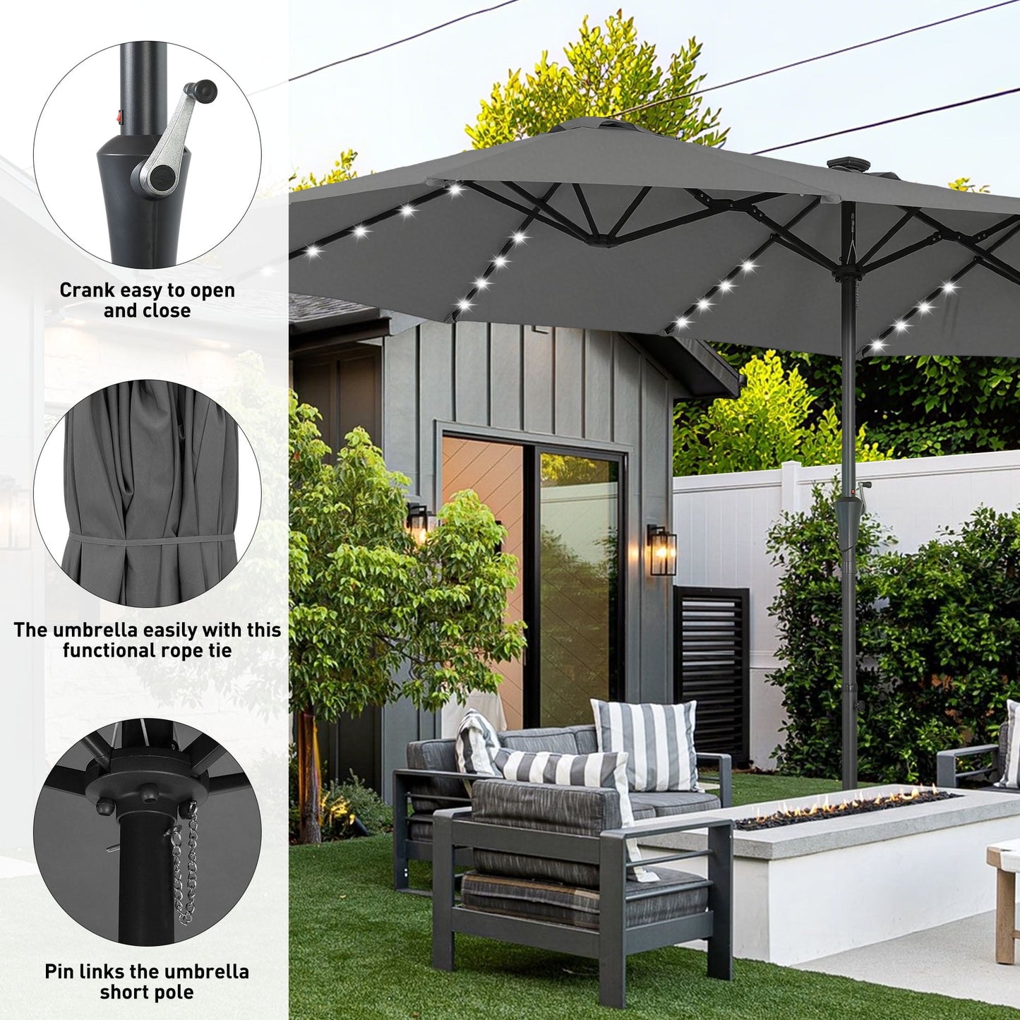 Autlaycil 15ft Large Rectangle Outdoor Patio Umbrella and 48 Solar Lights with Matching Base, Market, Beach, Garden, Yard, Party, Grey