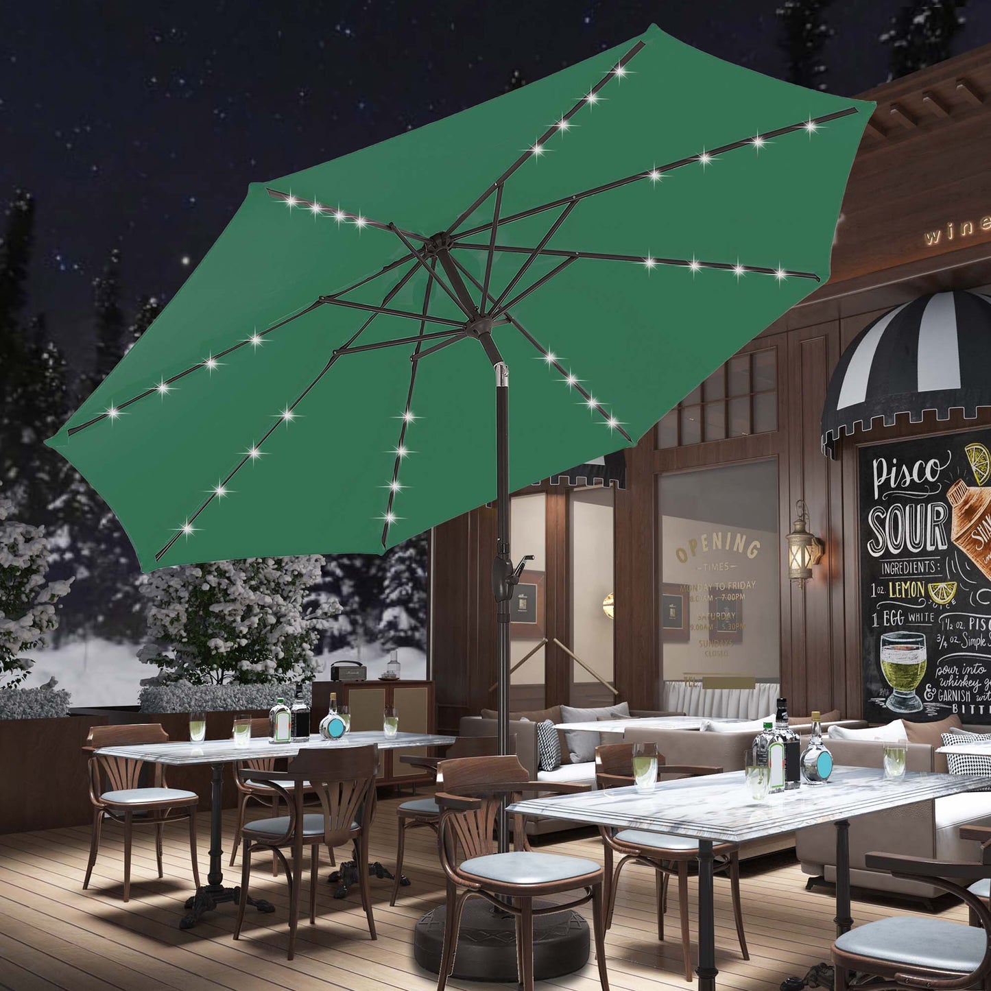 Autlaycil 10 ft Solar Patio Umbrellas and Base,  with 32 Lights for Market Outdoor Pool, Steel Tilt Crank-Green