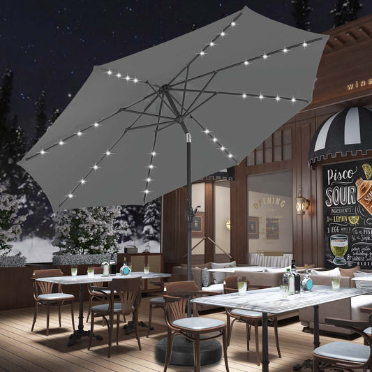 Autlaycil 10 ft Solar Patio Umbrellas and Base,  with 32 Lights for Market Outdoor Pool, Steel Tilt Crank-Grey