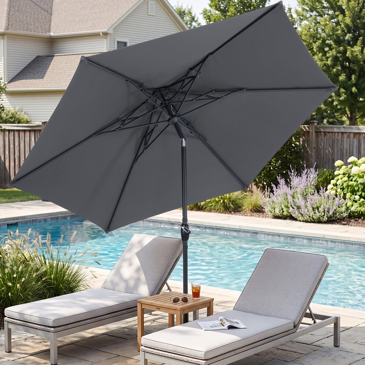 Autlaycil 10ft Gray Outdoor Patio Umbrella with 3 Tiers Frame Octopus-arm Structure, Push Button Tilt, Crank
