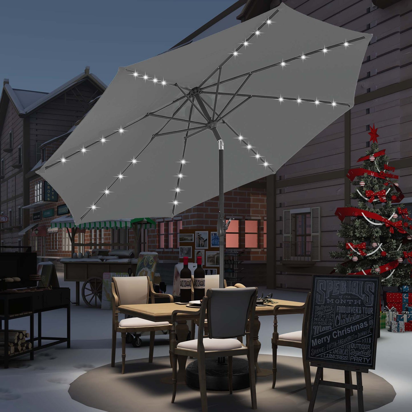 Autlaycil 10 ft Solar Patio Umbrellas with 32 Lights for Market Outdoor Pool, Steel Tilt Crank-Grey