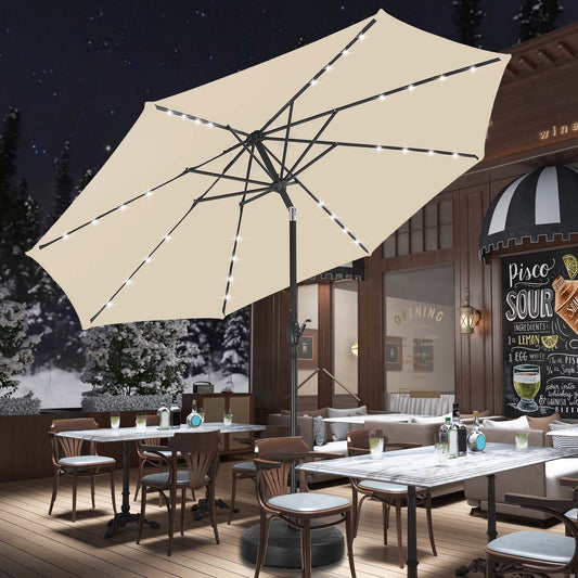 Autlaycil 10 ft Solar Patio Umbrellas and Base,  with 32 Lights for Market Outdoor Pool, Steel Tilt Crank-Khaki