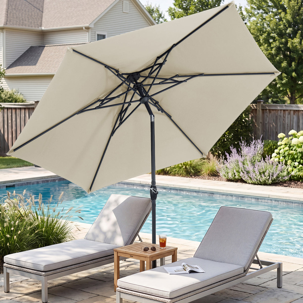 Autlaycil 10ft Beige Outdoor Patio Umbrella with 3 Tiers Frame Octopus-arm Structure, Push Button Tilt, Crank