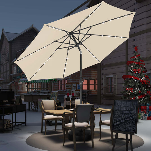 Autlaycil 10 ft Solar Patio Umbrellas with 32 Lights for Market Outdoor Pool, Steel Tilt Crank-Khaki
