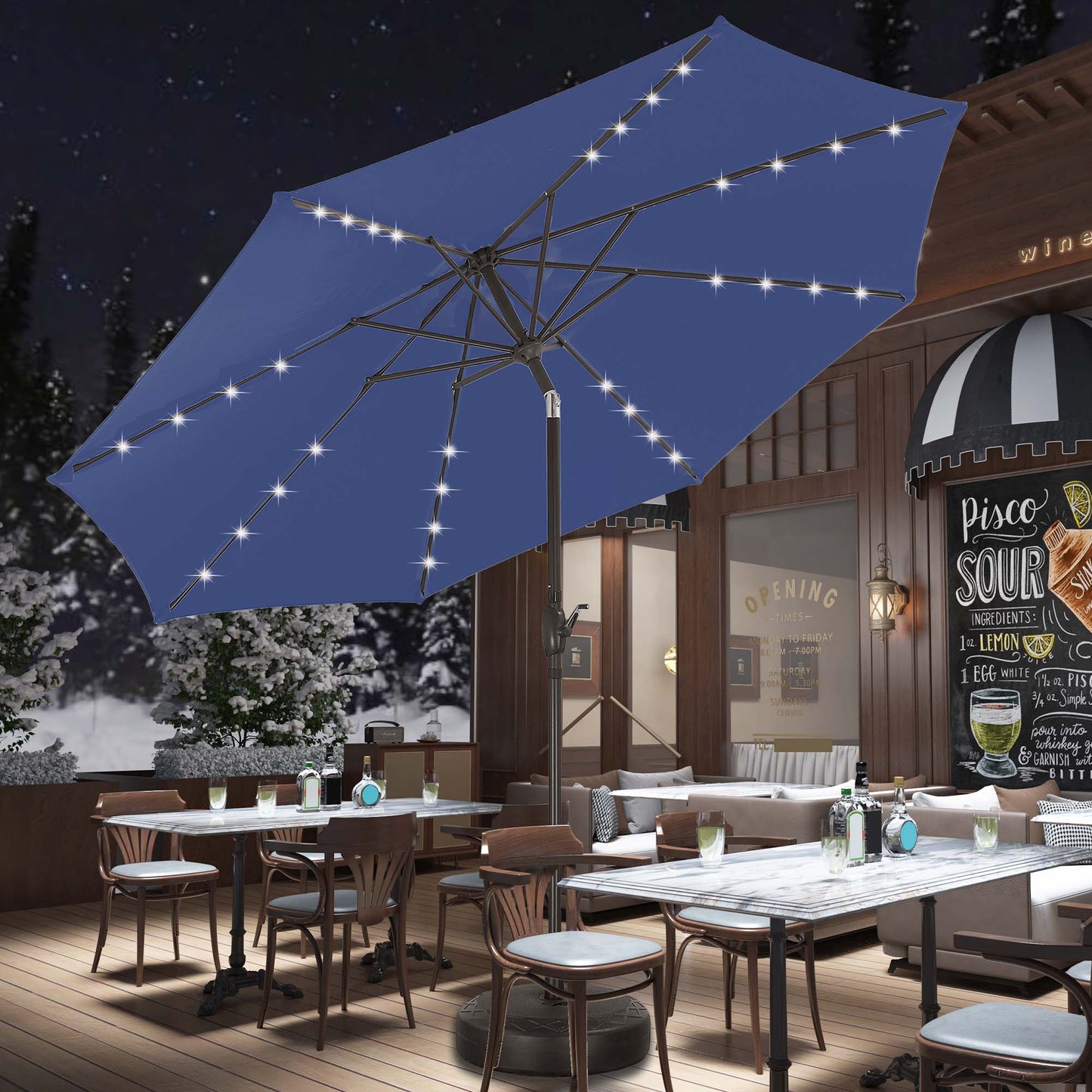 Autlaycil 10 ft Solar Patio Umbrellas and Base,  with 32 Lights for Market Outdoor Pool, Steel Tilt Crank-Navy Blue