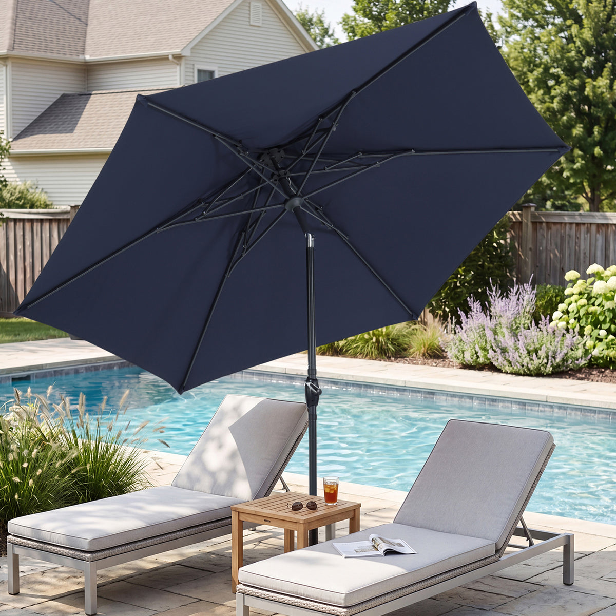 Autlaycil 10ft Navy Blue Outdoor Patio Umbrella with 3 Tiers Frame Octopus-arm Structure, Push Button Tilt, Crank
