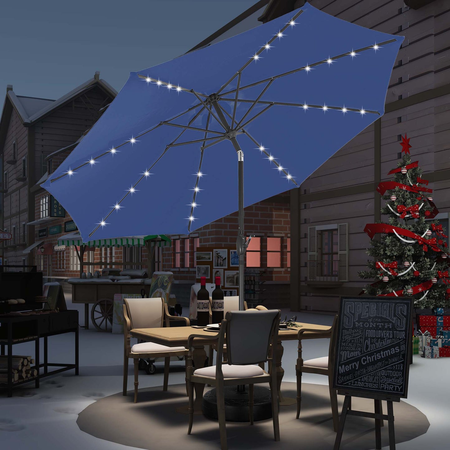 Autlaycil 10 ft Solar Patio Umbrellas with 32 Lights for Market Outdoor Pool, Steel Tilt Crank-Navy Blue