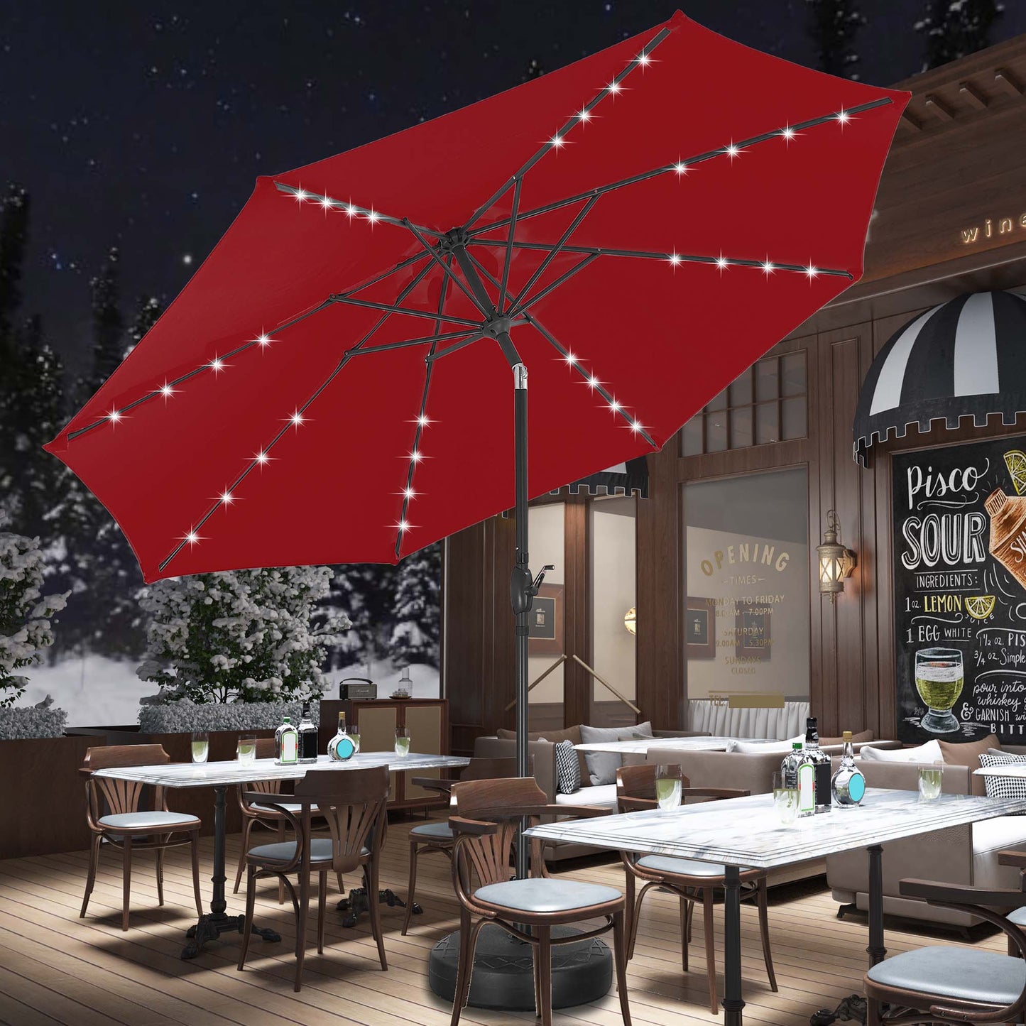 Autlaycil 10 ft Solar Patio Umbrellas and Base,  with 32 Lights for Market Outdoor Pool, Steel Tilt Crank-Red